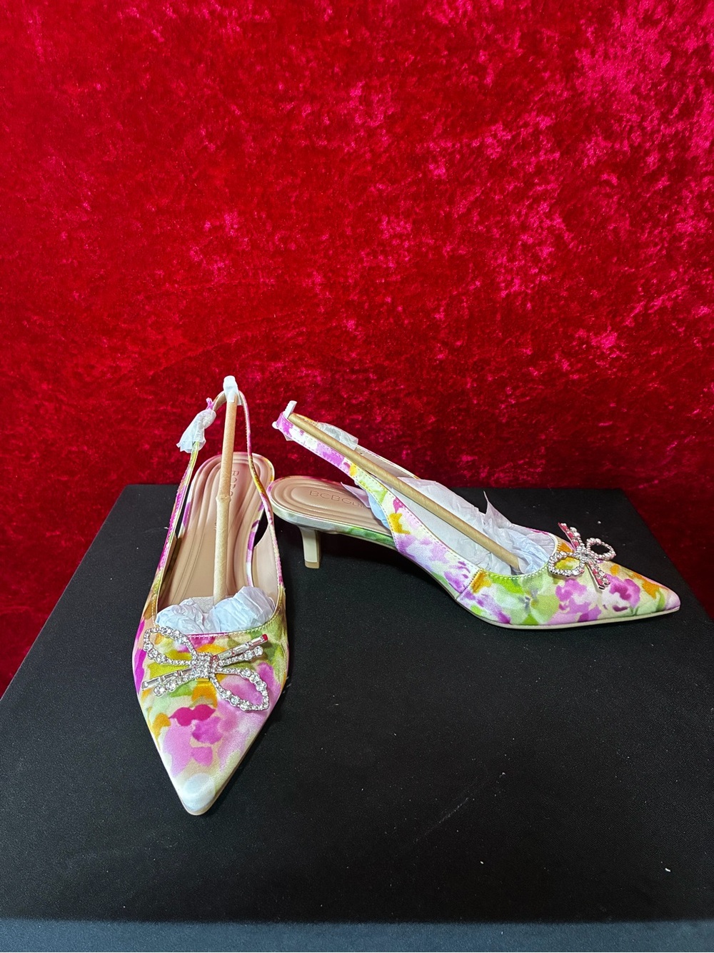 BCBGeneration Floral Rhinestone Bow Slingback Heels in Pink, Green, Yellow